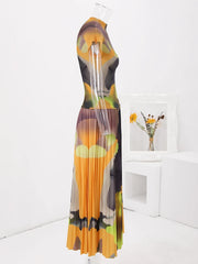 Abstract Sunset Pleated Midi Dress