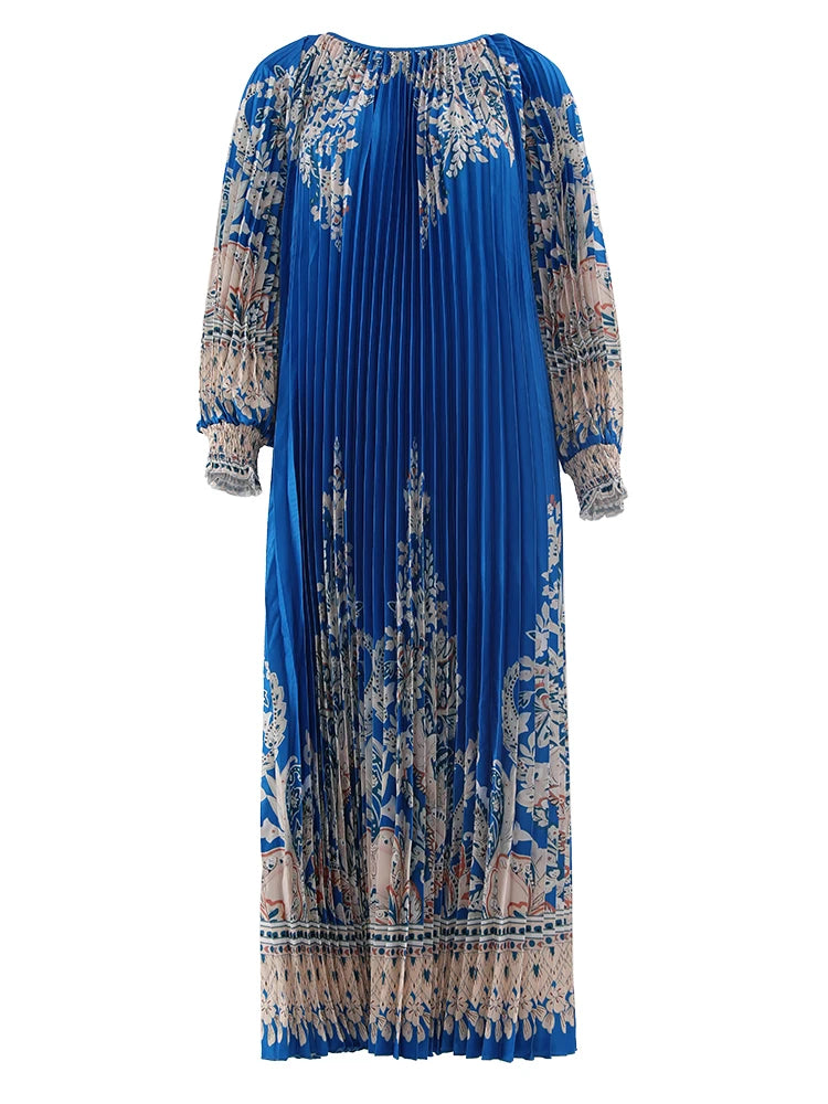 Royal Blue Boho Pleated Maxi Dress