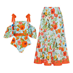 Summer Garden Print Off-the-Shoulder Swimsuit with Flowing Floral Maxi Skirt
