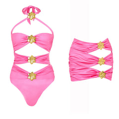 Hot Pink Cutout Halter Swimsuit with Gold Flower Accents and Matching Sarong Skirt