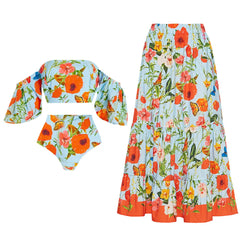 Summer Garden Print Off-the-Shoulder Swimsuit with Flowing Floral Maxi Skirt