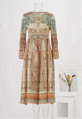 Vintage Tapestry Print Pleated Midi Dress