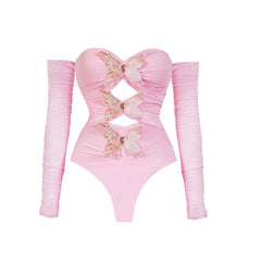 Pink Butterfly Cutout Swimsuit with Ruffled Tulle Maxi Skirt Set