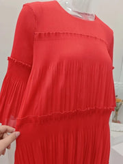 Elegant Pleated Tiered Red Midi Dress