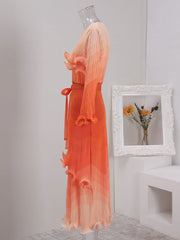 Sunset Ombre Pleated Ruffle Midi Dress