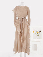 Beige Pleated Wrap Dress