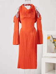 Burnt Orange Cold Shoulder Pleated Midi Dress