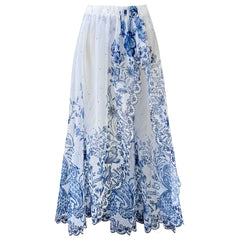 Chic Blue and White Floral Swimsuit with Tie Straps and Matching Tiered Skirt