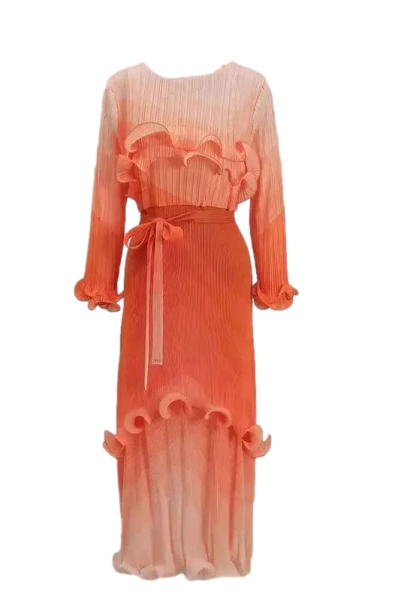 Sunset Ombre Pleated Ruffle Midi Dress