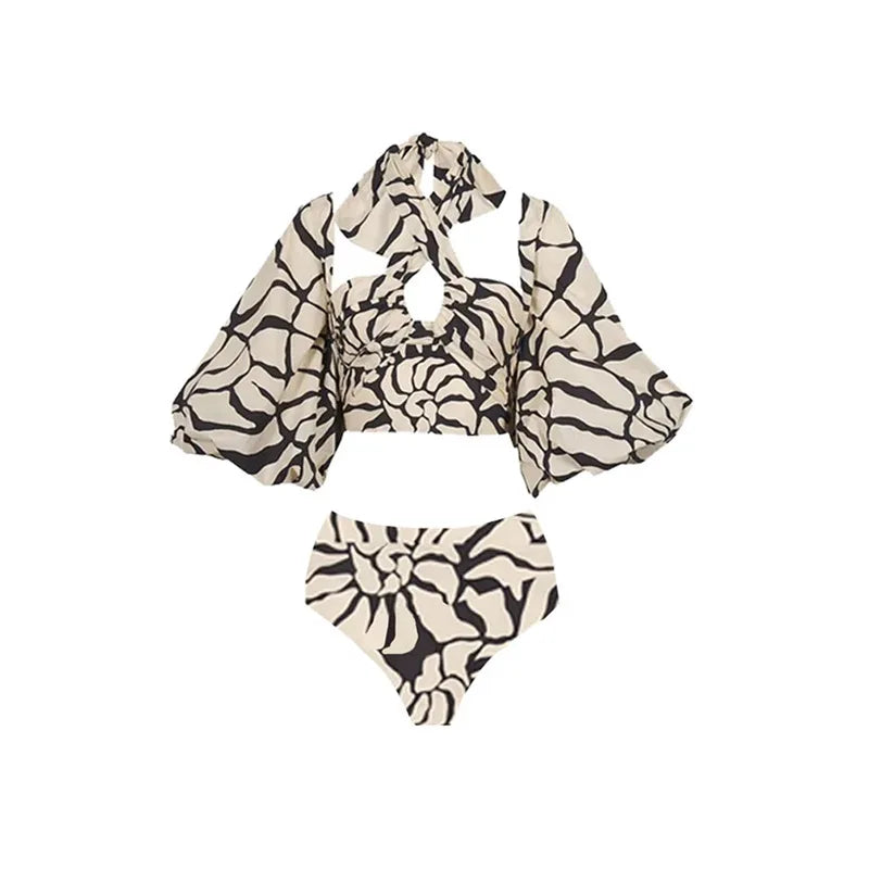 Abstract Floral Print Crop Top Swimsuit with Matching Maxi Skirt