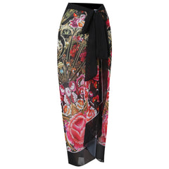 Dark Floral Print Tie-Shoulder Swimsuit with Matching Sheer Sarong