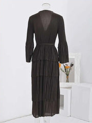 Tiered Black Pleated Wrap Midi Dress