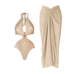 Mocha Twist Halter Cut-Out Swimsuit with Draped Maxi Skirt Set