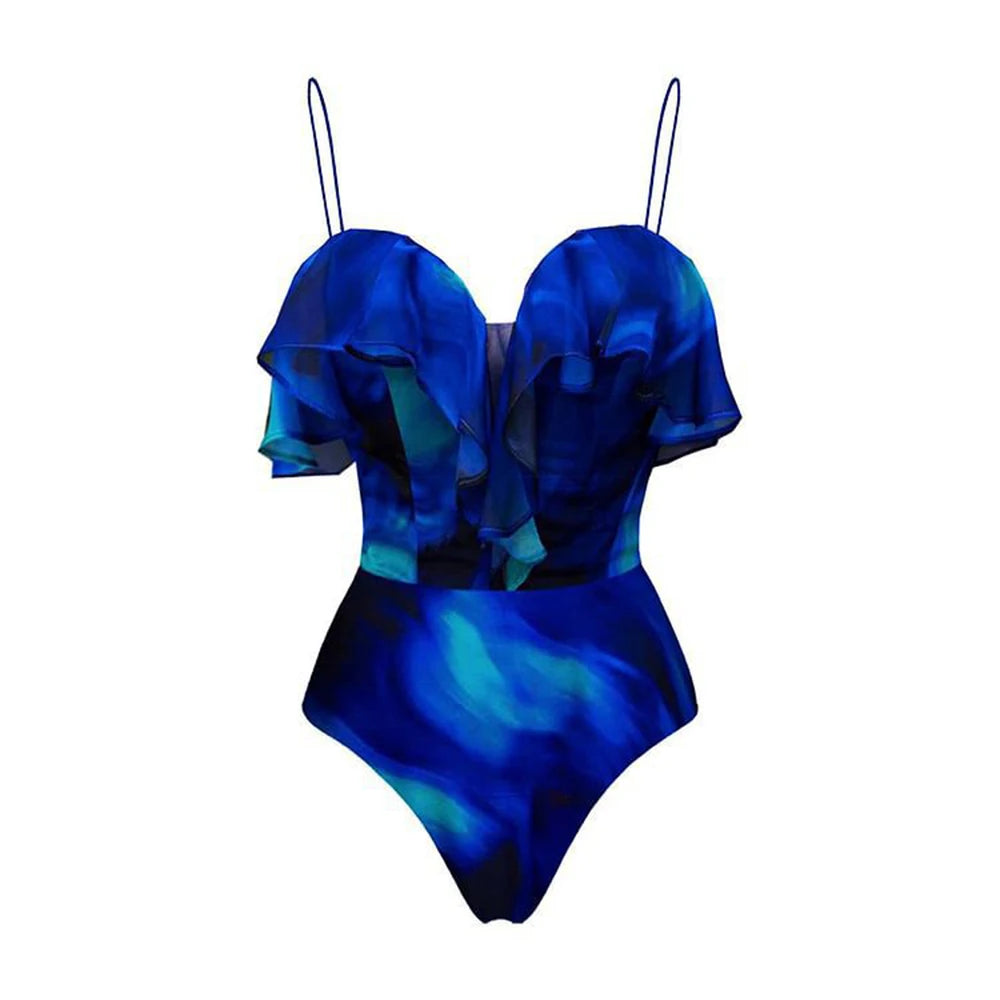 Ocean Swirl Print Swimsuit with Tiered Ruffle Sarong