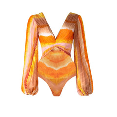 Sunset Mirage Pleated Long Sleeve Swimsuit with Matching Maxi Skirt