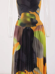 Abstract Sunset Pleated Midi Dress