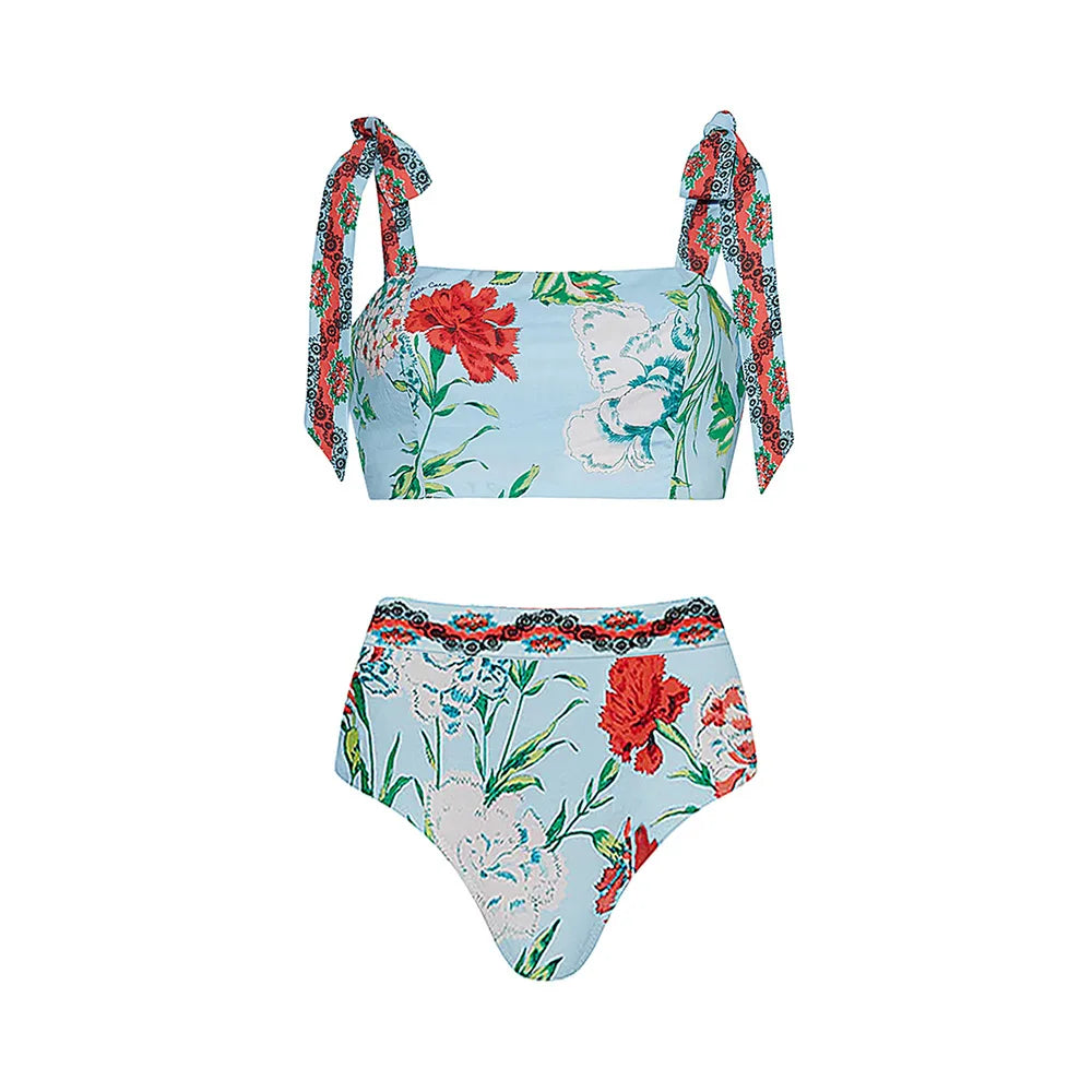 Sky Blue Floral Dream Swimsuit with Puff Sleeves and Matching Sarong