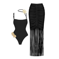 Black Elegance Floral Accent Swimsuit with Ruched Fringe Skirt