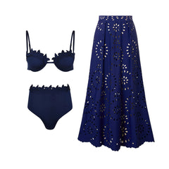 Navy Petal Edge Swimsuit with Geometric Laser-Cut Sarong