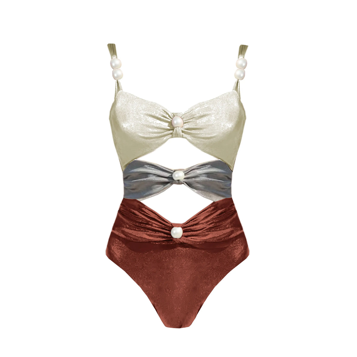 Tri-Tone Metallic Cutout Swimsuit with Matching Bronze Skirt