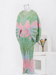 Abstract Floral Pleated Kimono Maxi Dress