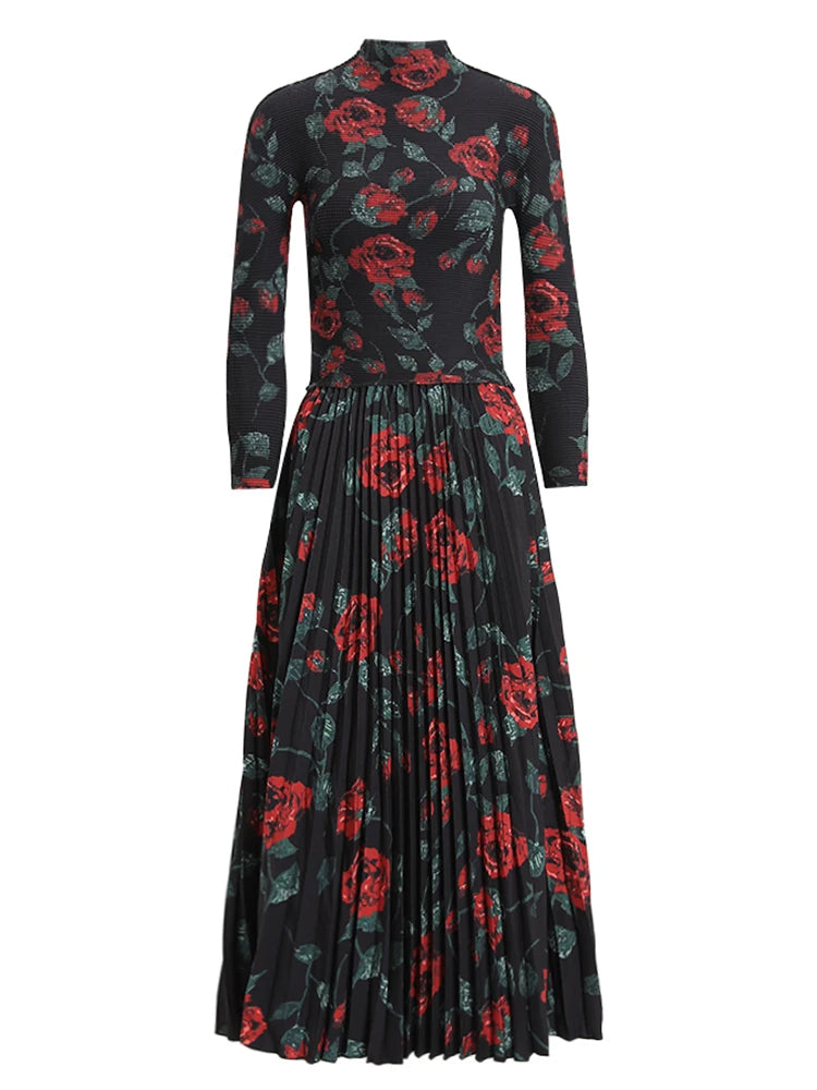 Black Floral High-Neck Pleated Midi Dress