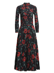 Black Floral High-Neck Pleated Midi Dress