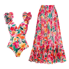 Vibrant Floral Print Swimsuit with Ruffle Details
