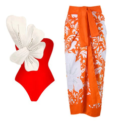 Azure Bloom One-Shoulder Swimsuit with White Floral Detail and Sarong
