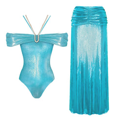 Glamorous Off-Shoulder Swimsuit with Pearl Necklace