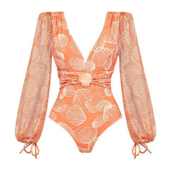 Coral Seashell Print Long Sleeve Swimsuit with Matching Harem Sarong