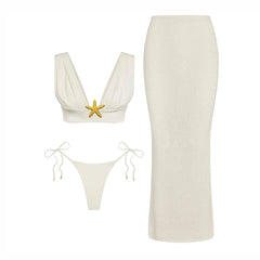 Starfish Bikini Set with Sheer Mesh Drawstring Cover-Up Skirt