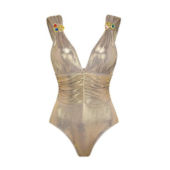 Metallic Colorblock Swimsuit & Ruched Maxi Cover-Up Skirt