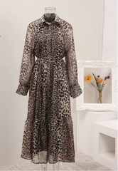 Chic Leopard Print Sheer Button-Down Midi Dress