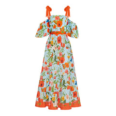 Summer Garden Print Off-the-Shoulder Swimsuit with Flowing Floral Maxi Skirt