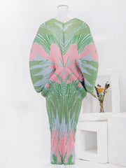 Abstract Floral Pleated Kimono Maxi Dress
