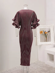 Wine Metallic Pleated Midi Dress