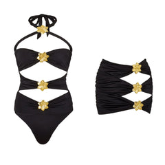 Hot Pink Cutout Halter Swimsuit with Gold Flower Accents and Matching Sarong Skirt