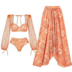Coral Seashell Print Long Sleeve Swimsuit with Matching Harem Sarong