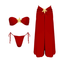 Starfish Bikini Set with Sheer Mesh Drawstring Cover-Up Skirt