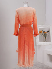 Sunset Ombre Pleated Ruffle Midi Dress