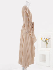 Beige Pleated Wrap Dress