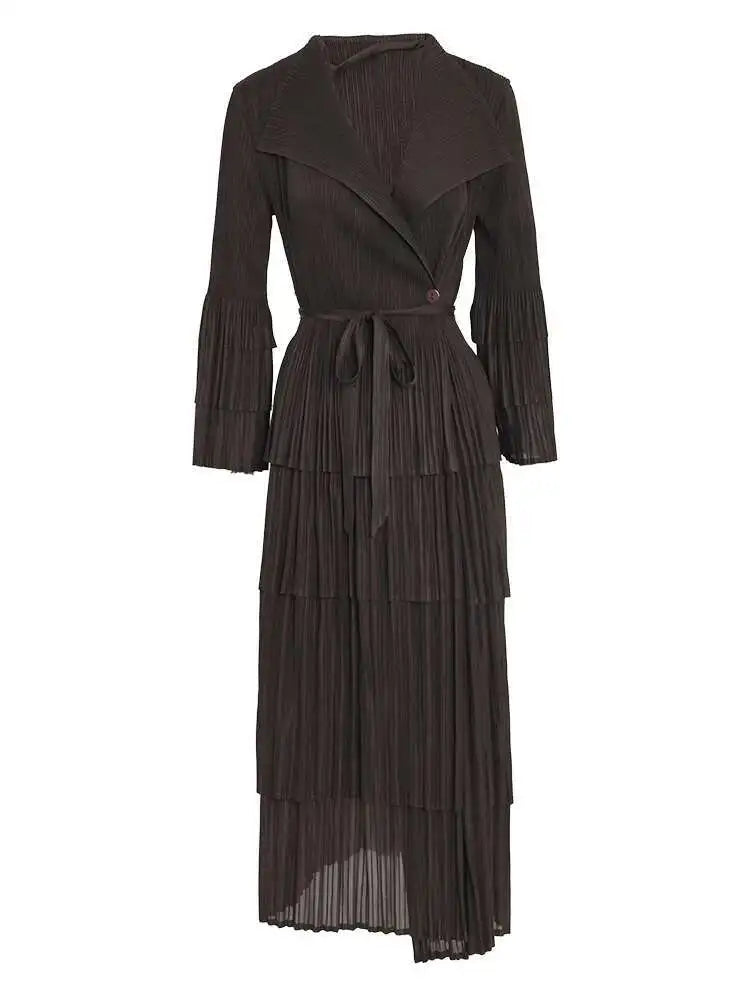 Tiered Black Pleated Wrap Midi Dress