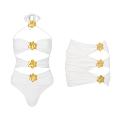 Hot Pink Cutout Halter Swimsuit with Gold Flower Accents and Matching Sarong Skirt