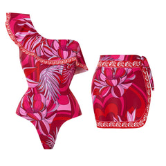 One-Shoulder Floral Print Swimsuit with Matching Sarong