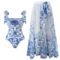 Chic Blue and White Floral Swimsuit with Tie Straps and Matching Tiered Skirt