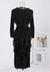 Elegant Black Ruffle Mesh Maxi Dress