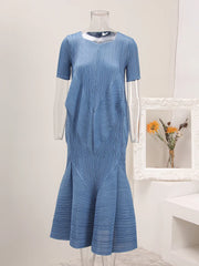 Modern Blue Pleated Midi Dress