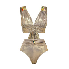 Metallic Colorblock Swimsuit & Ruched Maxi Cover-Up Skirt