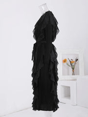 Elegant Black Ruffle Mesh Maxi Dress